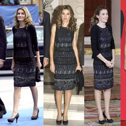 La Princesa Letizia repite un vestido negro y azul de Felipe Varela