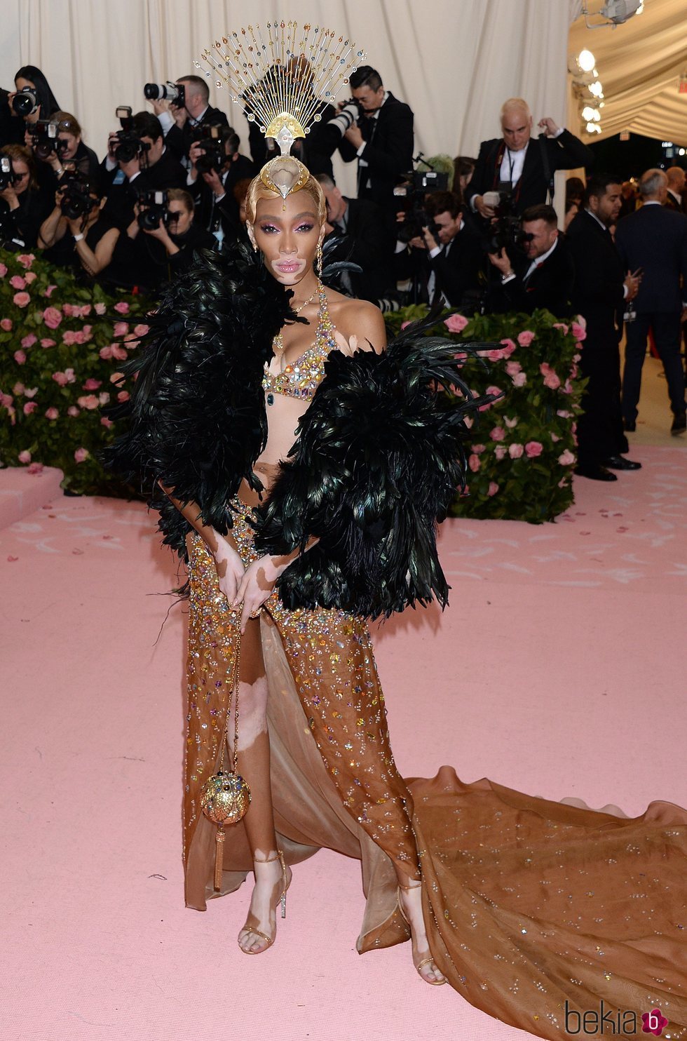 Winnie Harlow con un vestido dorado en la alfombra roja de la Gala MET 2019