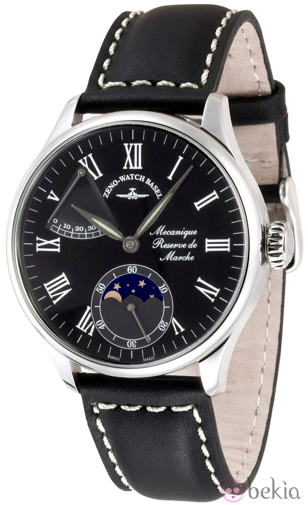 Reloj Zeno-Watch Basel con correa de piel negra de la línea Godat II Roma