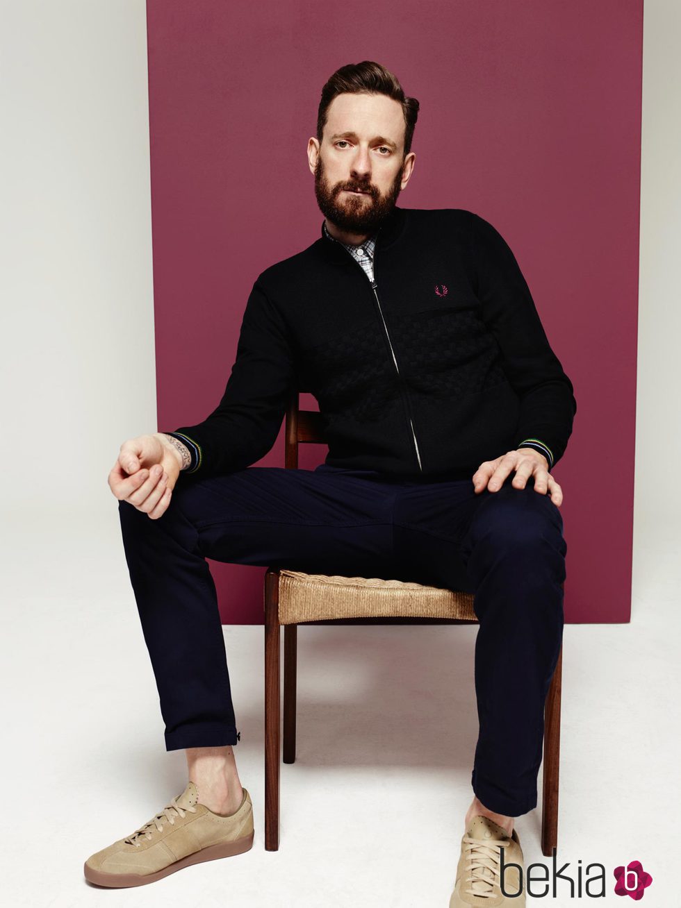 Bradley Wiggins con un cardigan de su colección invierno 2016 para Fred Perry