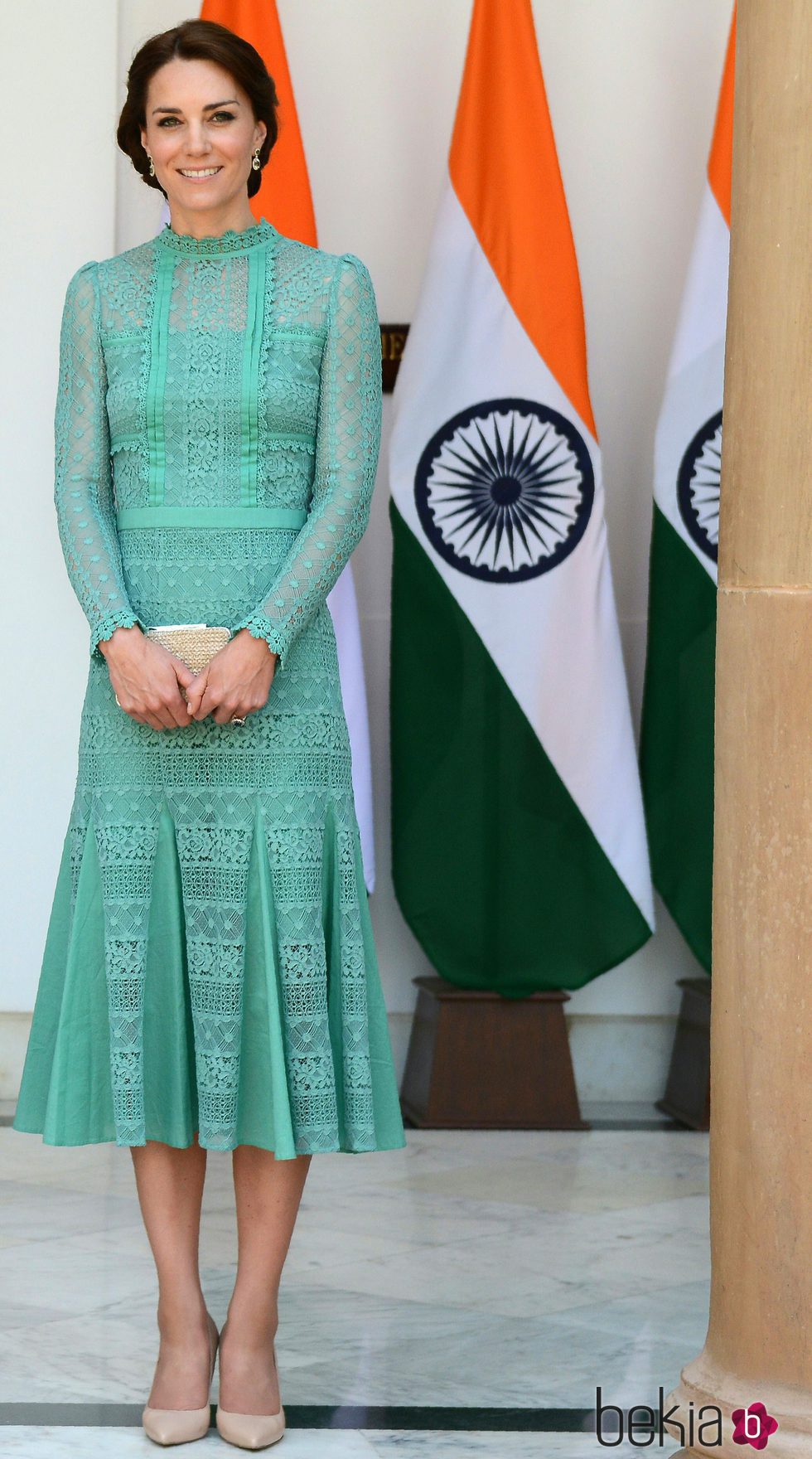 Kate Middleton con vestido turquesa para conocer al Primer Ministro Indio en New Delhi's Hyderabad House 